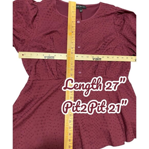 Lane Bryant Short Sleeve Embroidered Eyelet Burgundy Babydoll Top Plus Size 16 - Picture 2 of 12